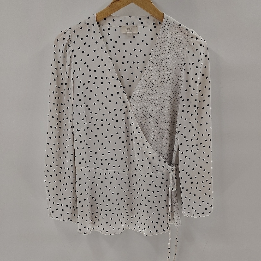 LOFT Wrap Style Blouse Size Small White Navy Blue Polka Dot Long Sleeve